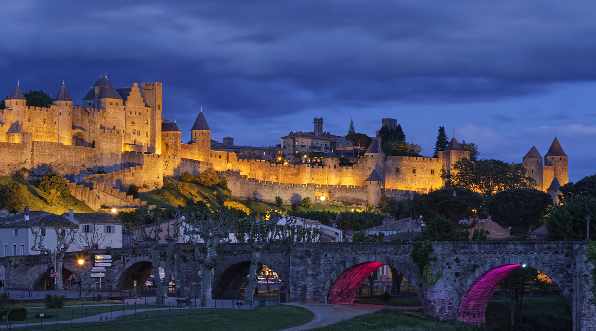Carcassonne’s walled city is proudly illuminated during the evening